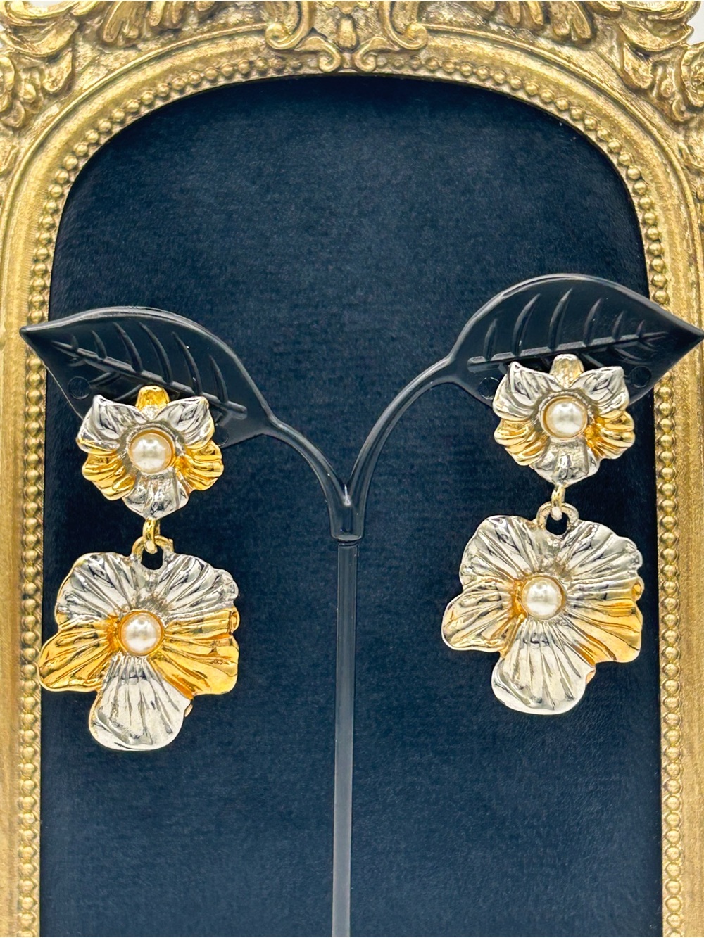 Vintage 1980s Two Tone Flower Clip On Earrings, Gold Silver Tone Floral Dangles